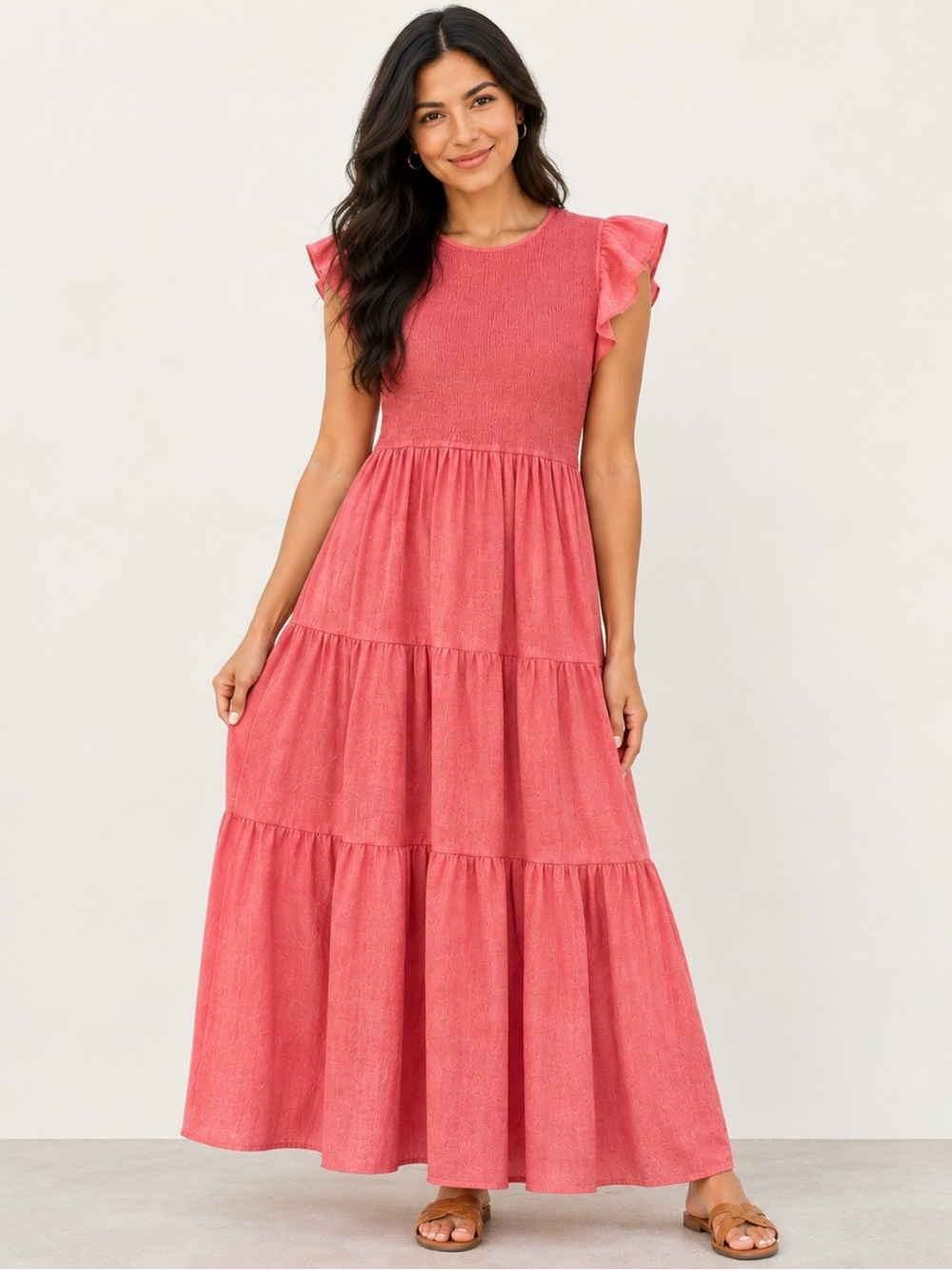 MINE Tiered Maxi Dress Coral Pink with Flutter Cap Sleeves Women’s S